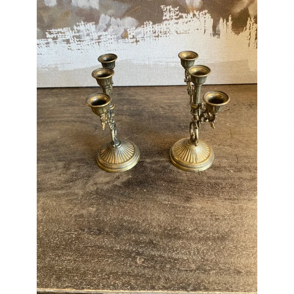 Vintage Brass 3 Arm Candelabra Pair Scroll French Baroque Taper Holders 6in